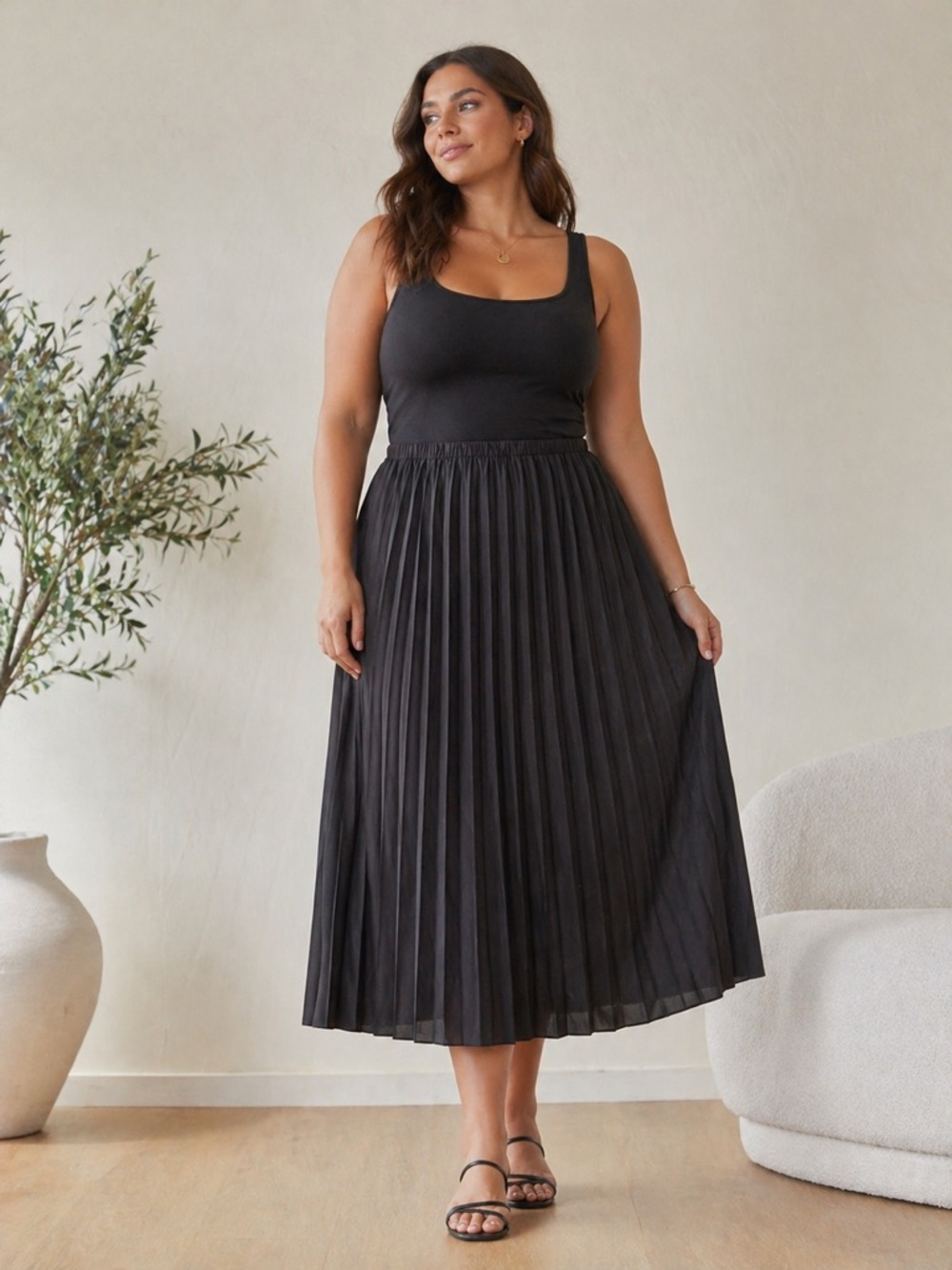 MNG Black Pleated Midi Skirt Size L Elastic Waist Flowy Classic